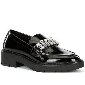 Black Patent Leather Loafers with Crystal Embellishment